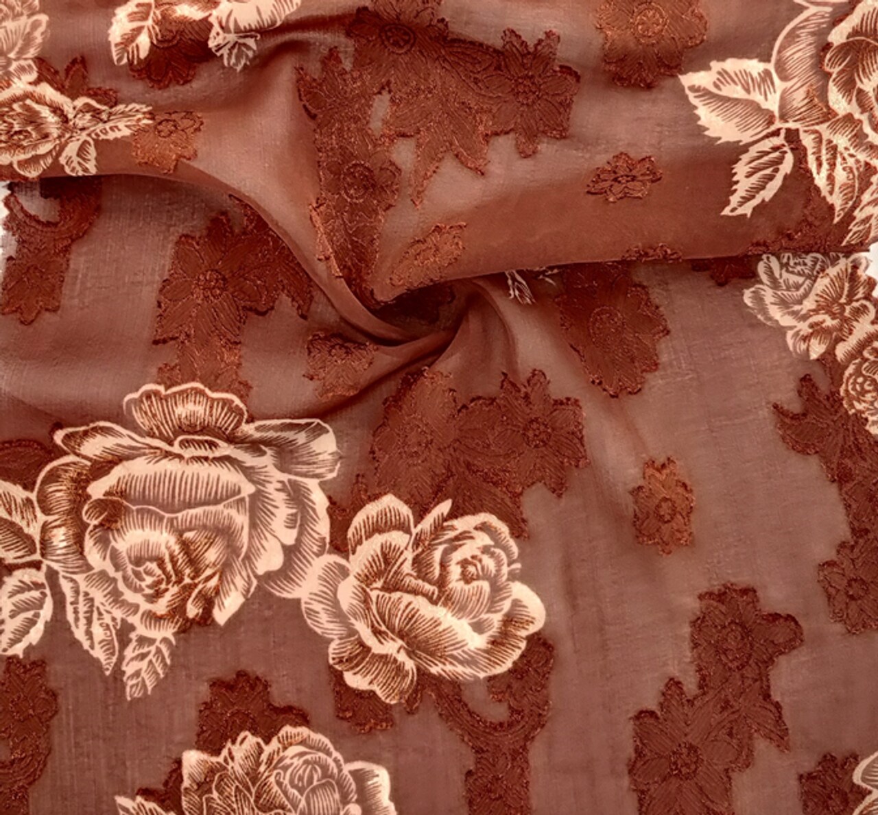1 Yard Brown Floral Jacquard Chiffon Fabric 57/58" Wide Lightweight Sheer Polyester for Dresses & Apparel